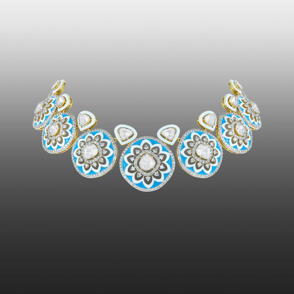 Blue Enamel Polki Necklace with Flower Motifs & Diamond Halos